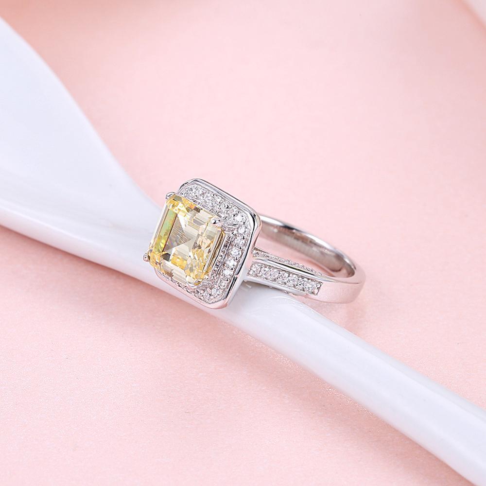 Square S925 Silver Ring with Yellow Zircon Stone