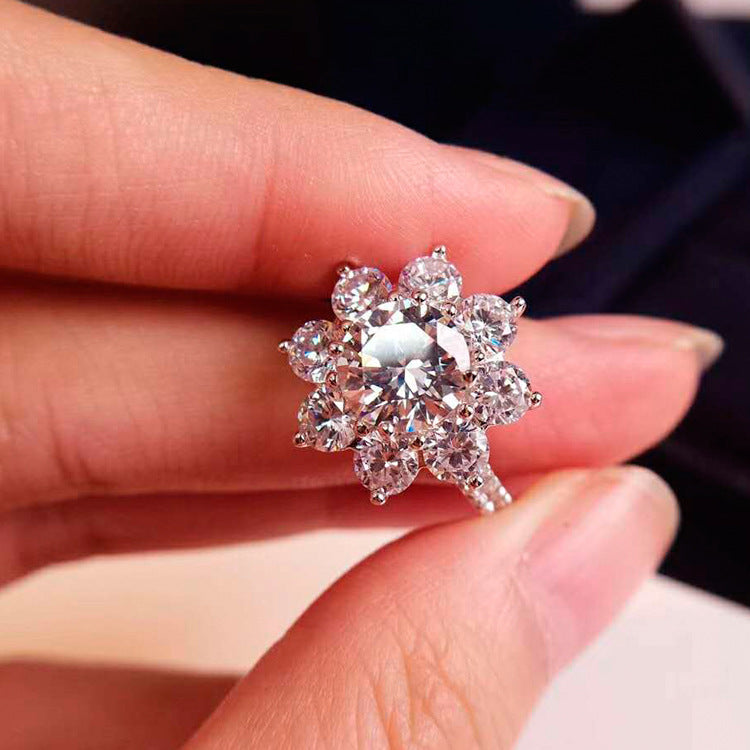2 Karat High Carbon Diamond Sunflower Sterling Silver Ring
