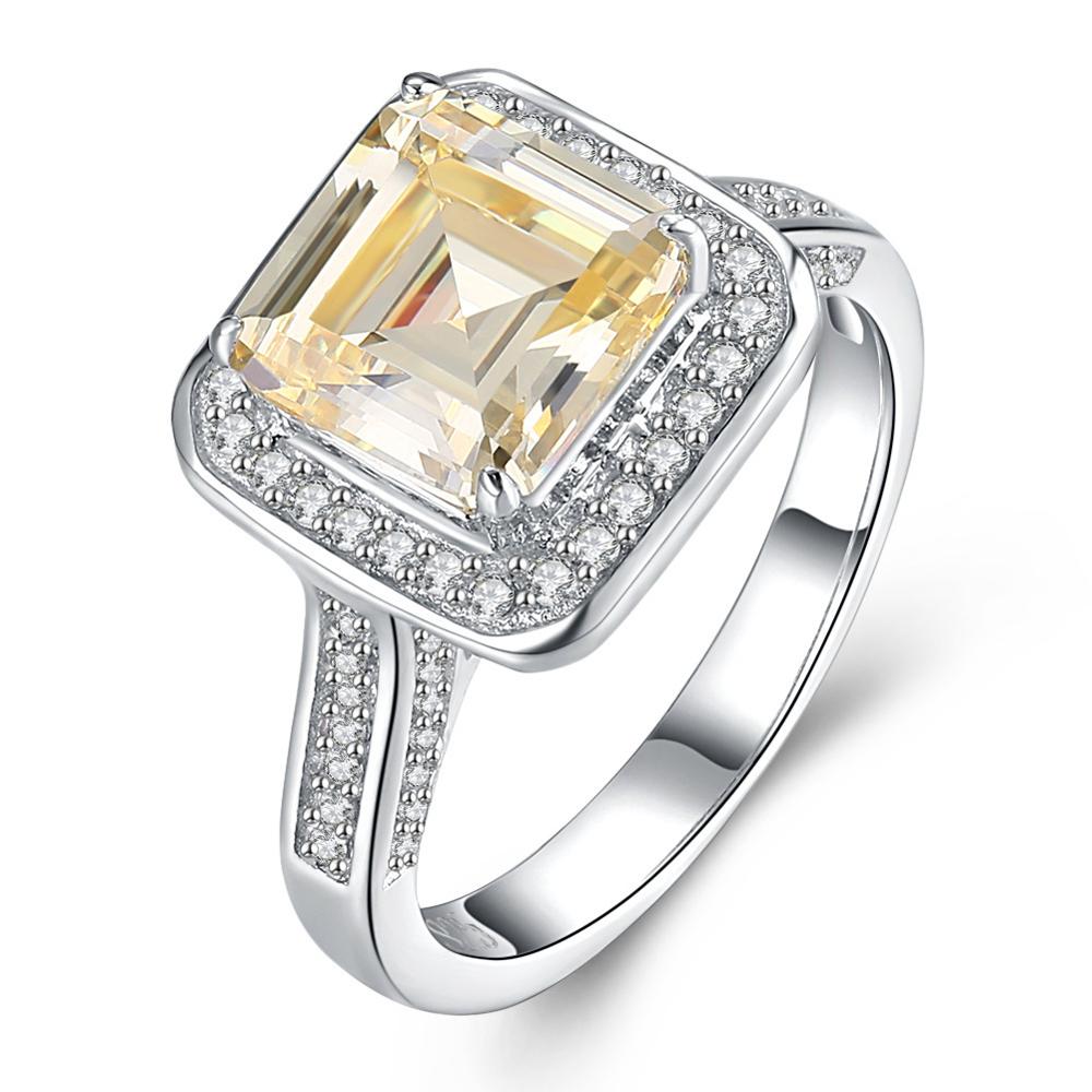 Square S925 Silver Ring with Yellow Zircon Stone