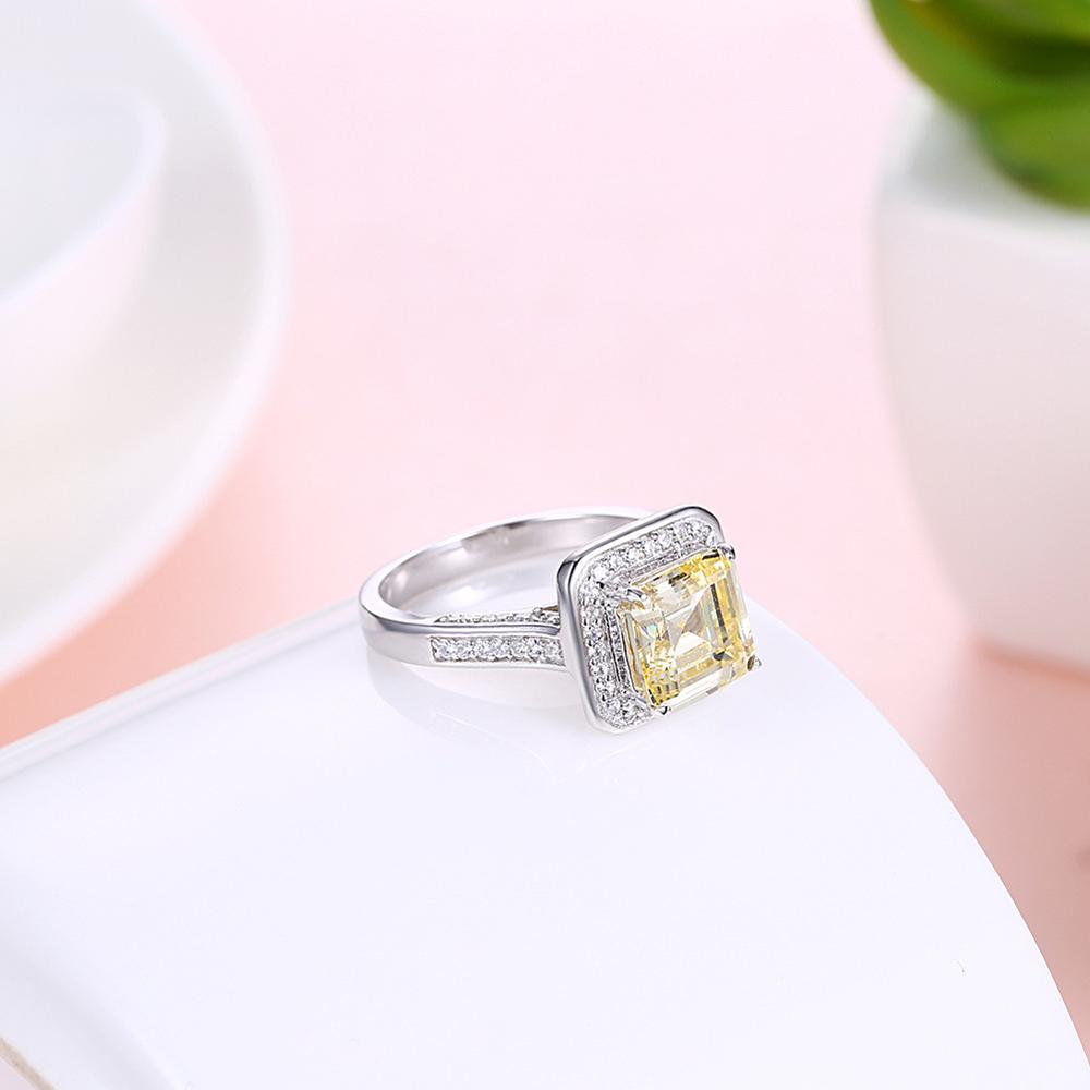 Square S925 Silver Ring with Yellow Zircon Stone