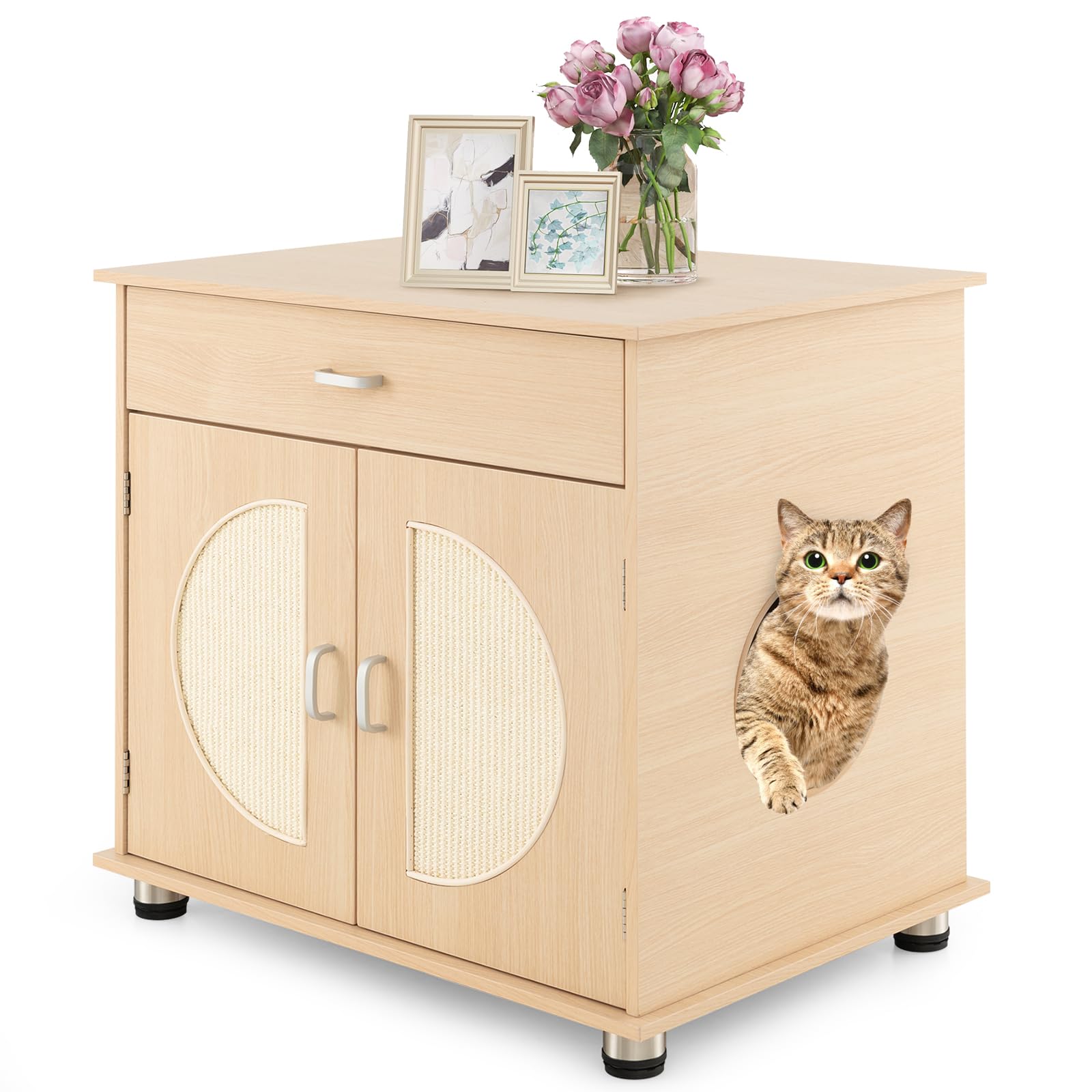 Tangkula Modern Cat Litter Enclosure with Drawer and Sisal Doors