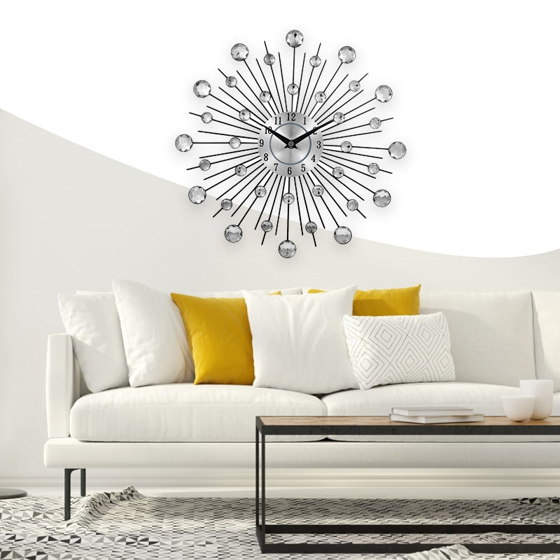 Crystal Silver Iron Wall Clock for Living Room & Bedroom