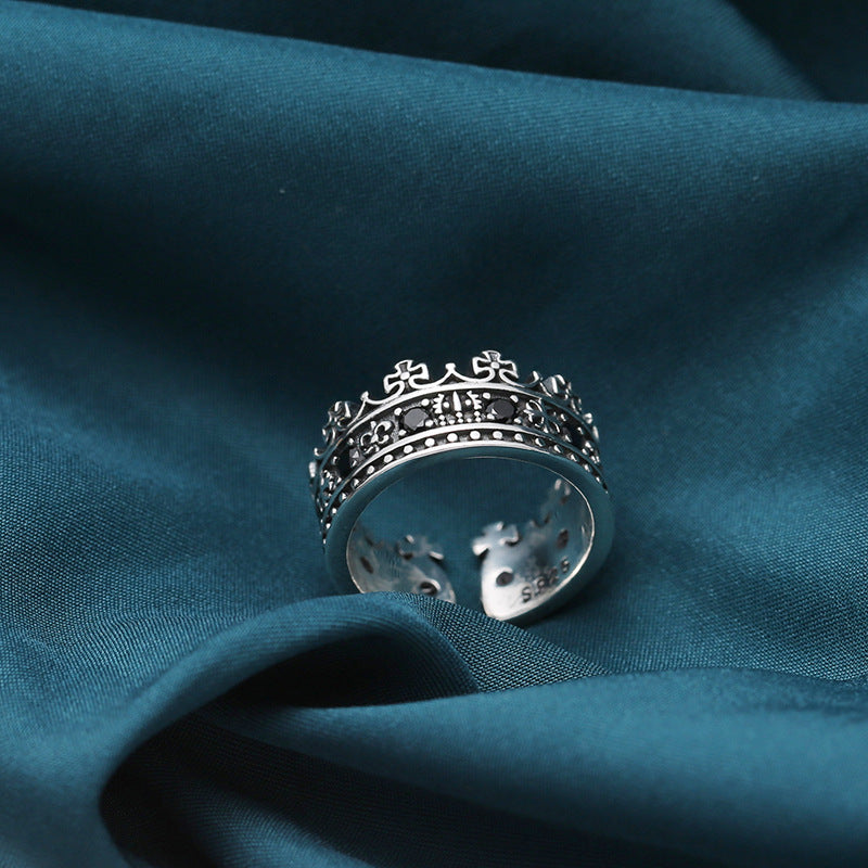 S925 Silver Inlaid Black Zircon Adjustable Ring