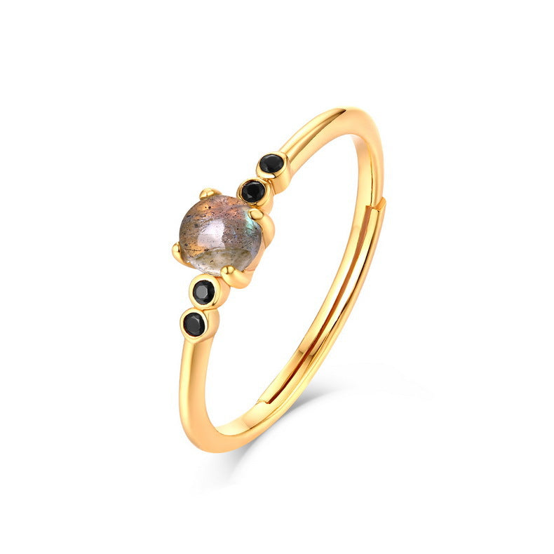 S925 Silver Adjustable Ring with Black Zircon & Stone