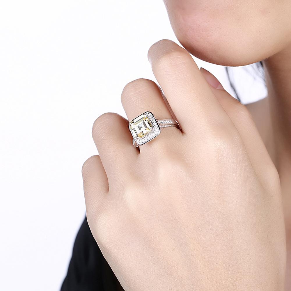 Square S925 Silver Ring with Yellow Zircon Stone