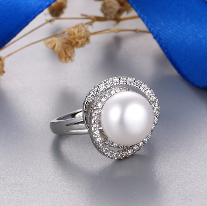 S925 Silver Pearl Ring with Zircon Stone