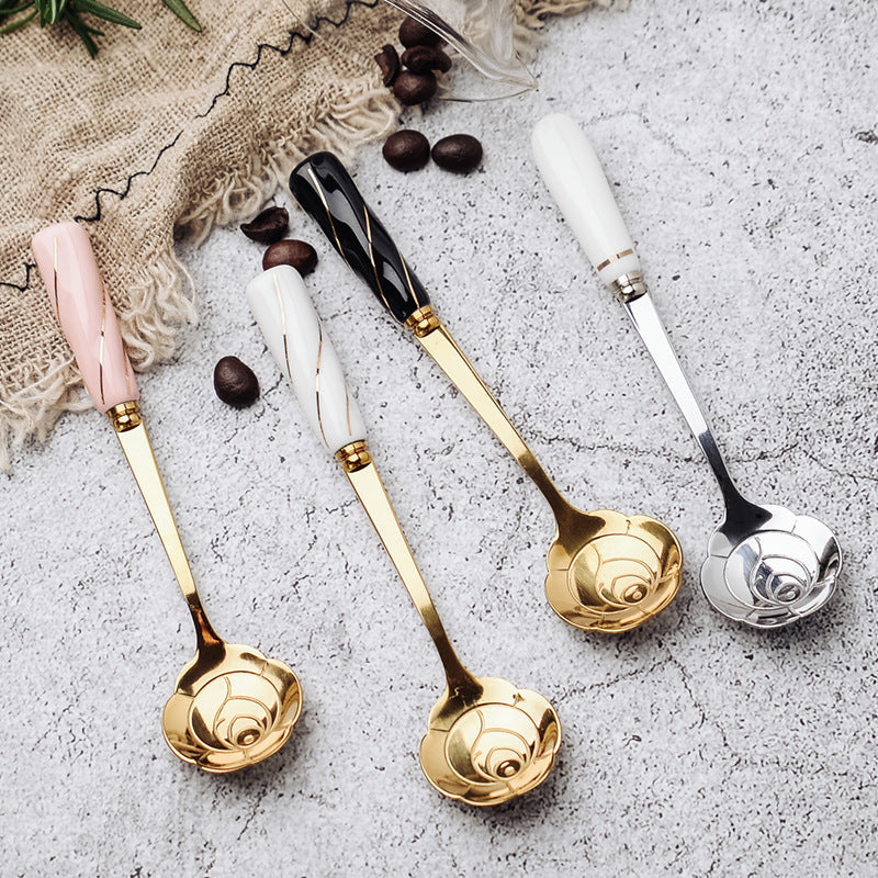 Stainless Steel Flower-Shaped Mixing Spoon with Ceramic Handle