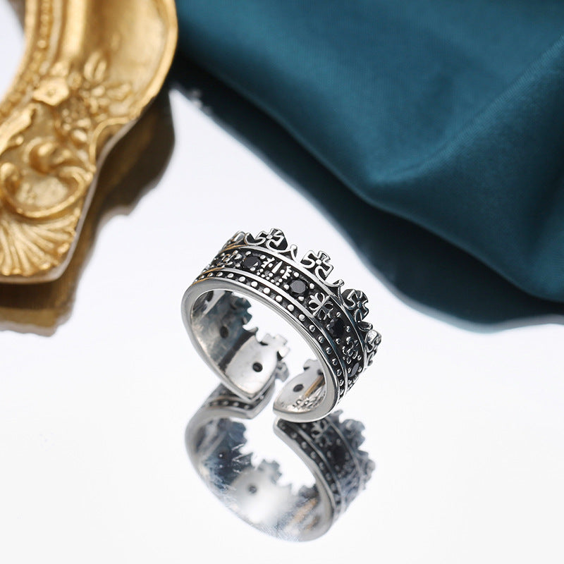 S925 Silver Inlaid Black Zircon Adjustable Ring